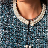 Teal Tweed Blazer with Pearl Trim