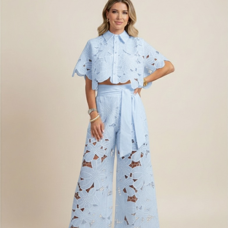 Women’s Floral Two Piece Set – Embroidered Wide Leg Outfit
