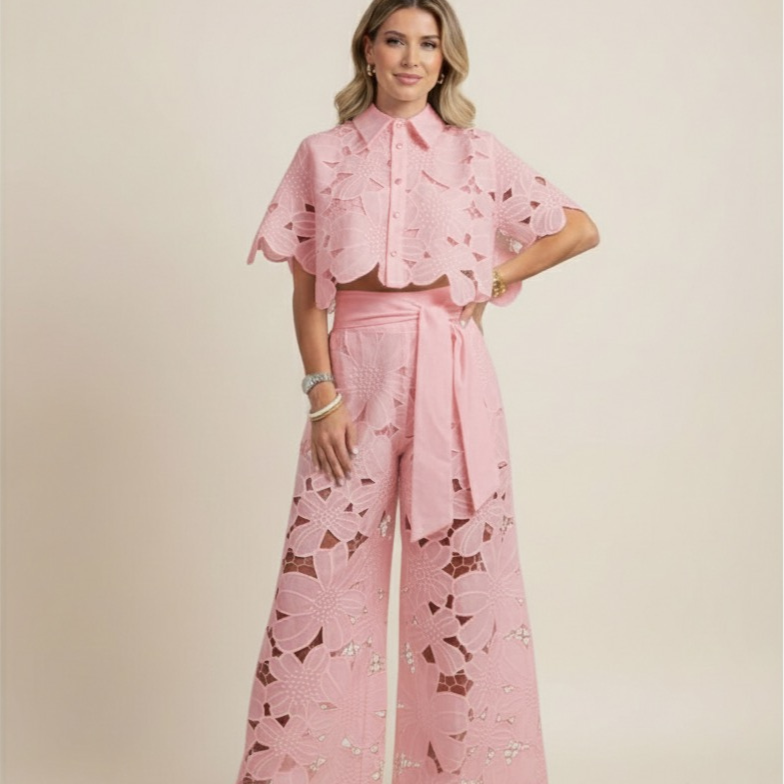 Women’s Floral Two Piece Set – Embroidered Wide Leg Outfit