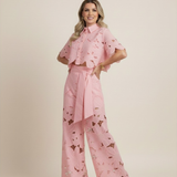 Women’s Floral Two Piece Set – Embroidered Wide Leg Outfit