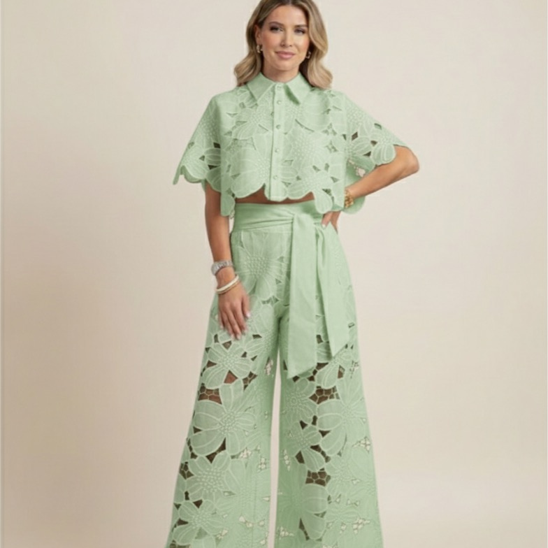 Women’s Floral Two Piece Set – Embroidered Wide Leg Outfit