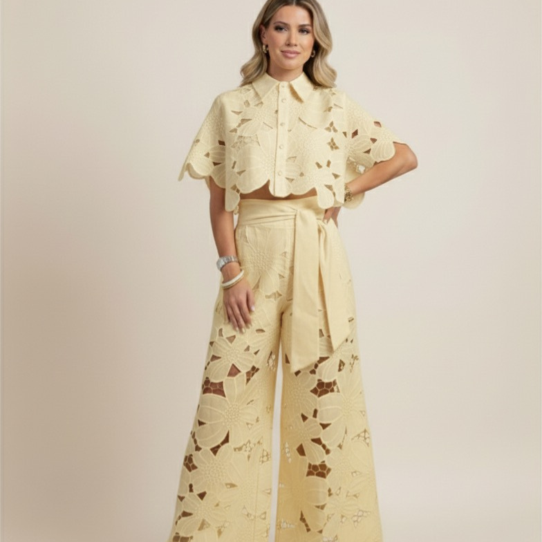 Women’s Floral Two Piece Set – Embroidered Wide Leg Outfit