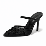 Women’s Embroidered Mesh Mule Heels – Floral Detail, Elegant Pointed Toe