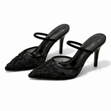Women’s Embroidered Mesh Mule Heels – Floral Detail, Elegant Pointed Toe