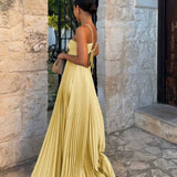 Women's Pleated Halter Neck Maxi Dress - High-Waisted Side Cut-Out Design
