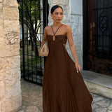 Women's Pleated Halter Neck Maxi Dress - High-Waisted Side Cut-Out Design