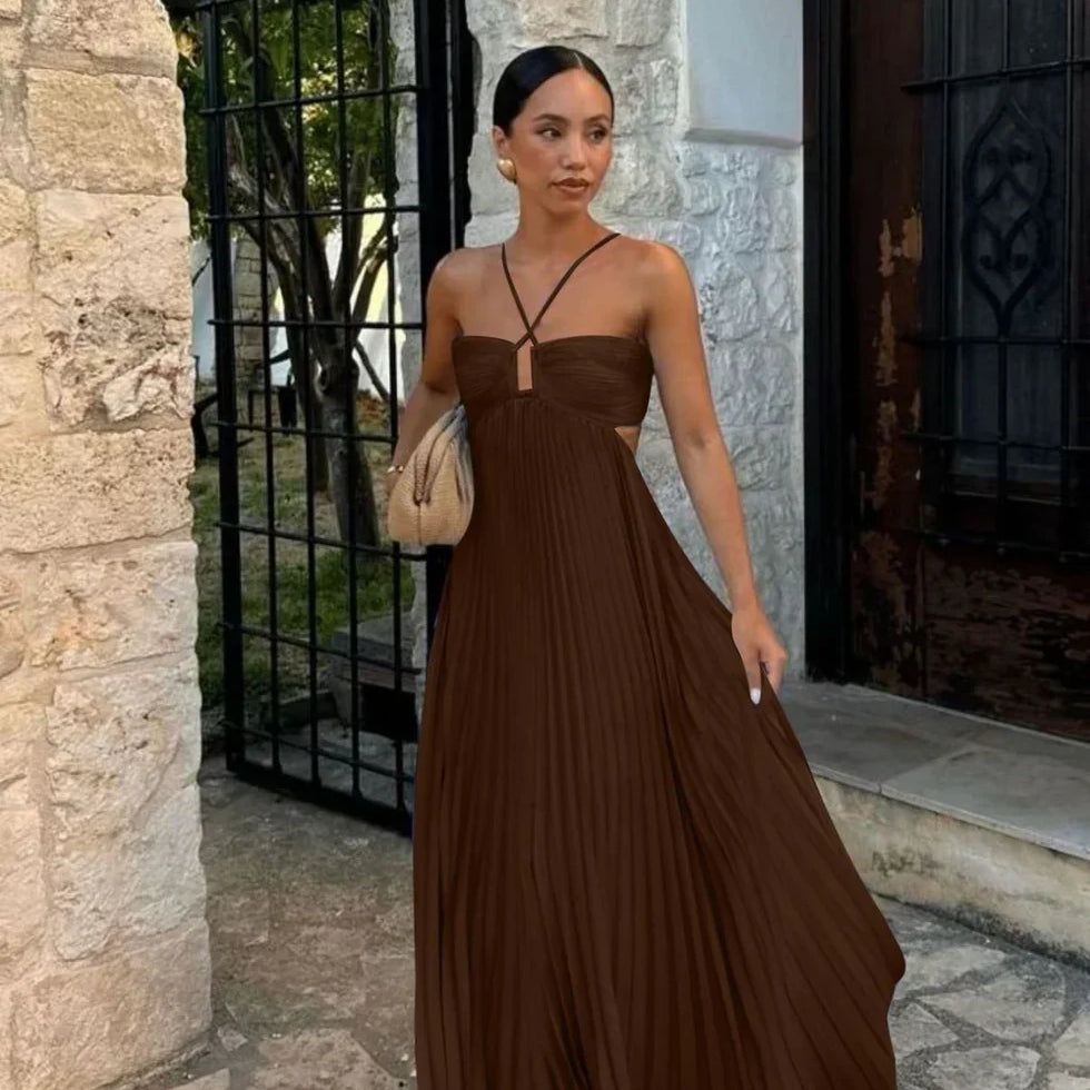 Women's Pleated Halter Neck Maxi Dress - High-Waisted Side Cut-Out Design