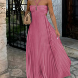Women's Pleated Halter Neck Maxi Dress - High-Waisted Side Cut-Out Design