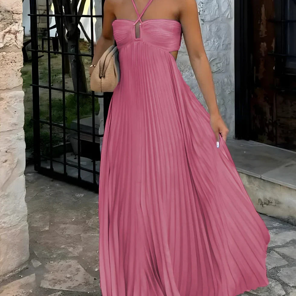 Women's Pleated Halter Neck Maxi Dress - High-Waisted Side Cut-Out Design