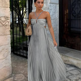 Women's Pleated Halter Neck Maxi Dress - High-Waisted Side Cut-Out Design