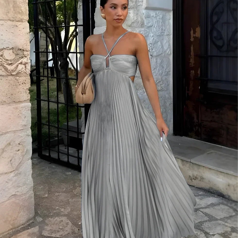 Women's Pleated Halter Neck Maxi Dress - High-Waisted Side Cut-Out Design