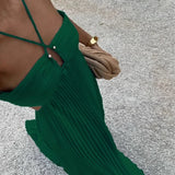 Women's Pleated Halter Neck Maxi Dress - High-Waisted Side Cut-Out Design
