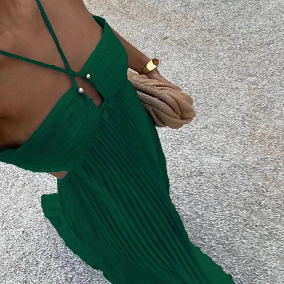 Women's Pleated Halter Neck Maxi Dress - High-Waisted Side Cut-Out Design