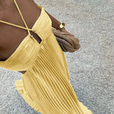Women's Pleated Halter Neck Maxi Dress - High-Waisted Side Cut-Out Design