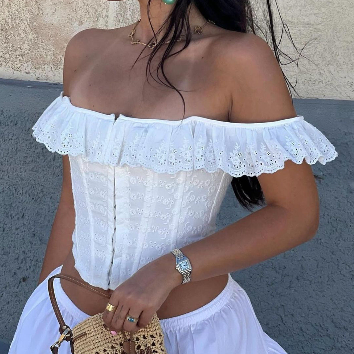 Amysaint | Vintage Eyelet Corset Square Neck Top