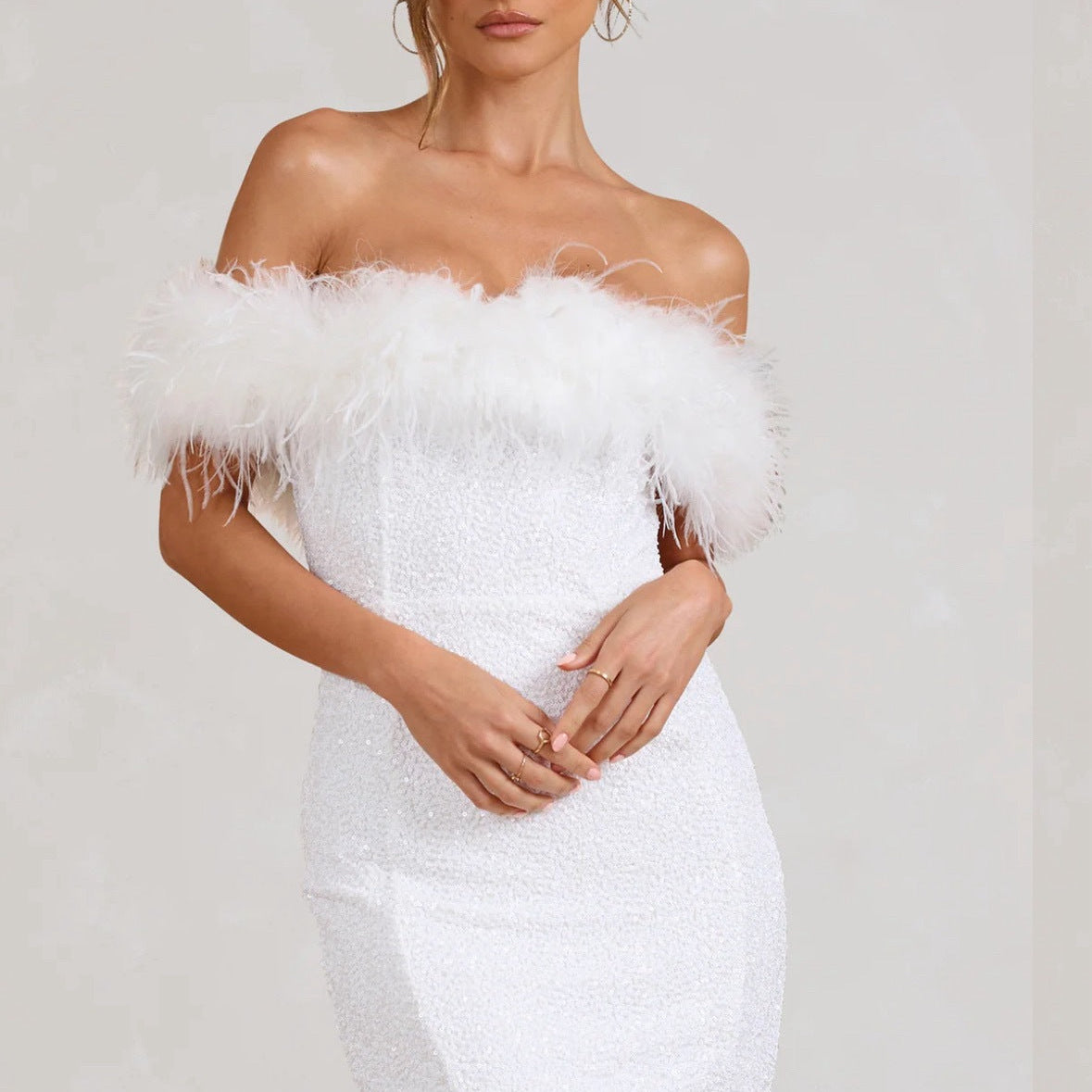 Off-Shoulder Sequin Mini Dress with Feather Trim