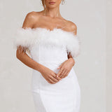 Off-Shoulder Sequin Mini Dress with Feather Trim