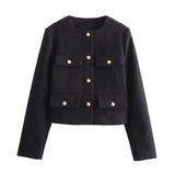 Chic Gold-Button Cropped Jacket with Pocket Detail