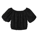 Off Shoulder Crop Top – Textured Puff Sleeve Blouse