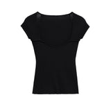 Ribbed Square Neck Top – Fitted Short Sleeve Knit