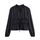 Pleated Waist Blouse – Sheer Long Sleeve Elegant Top