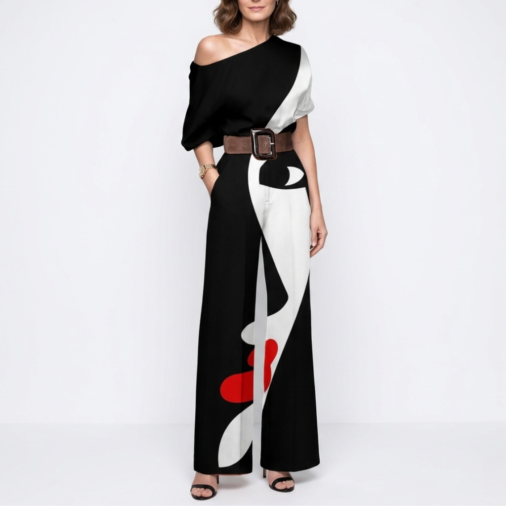 Women's One Shoulder Belted Jumpsuit - Draped Printed Design