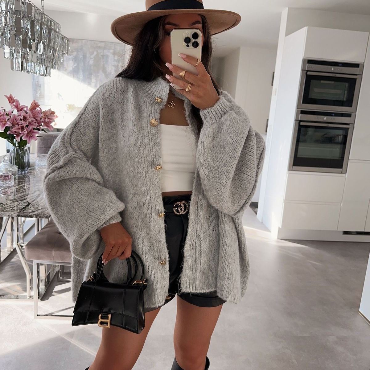 Oversized Knitted Cardigan with Gold Button Detail