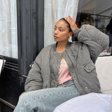 Oversized Quilted Bomber Jacket with Pocket Detail
