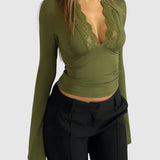 Long-Sleeved Lace Trim Wrap Top with Deep V-Neck