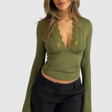 Long-Sleeved Lace Trim Wrap Top with Deep V-Neck
