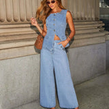 Sleeveless Denim Co-Ord Set with Wide-Leg Trousers