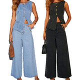 Sleeveless Denim Co-Ord Set with Wide-Leg Trousers
