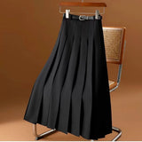 Women's Belt Midi Skirt - Pleated A-Line Design