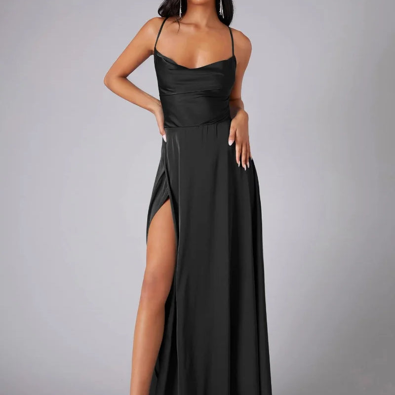 Satin Cowl Neck Maxi Dress with Side Slit