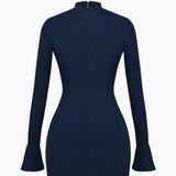 Navy Long Sleeve Bodycon Mini Dress with Peplum Waist Detail