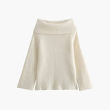Off-Shoulder Ribbed Knit Top for Women – Elegant Fold-Over Neckline