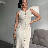 Sleeveless Button Front Maxi Dress – Elegant Fitted Summer Dress