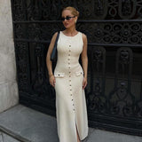 Sleeveless Button Front Maxi Dress – Elegant Fitted Summer Dress