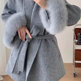Belted Wool-Blend Wrap Coat with Faux Fur Cuffs