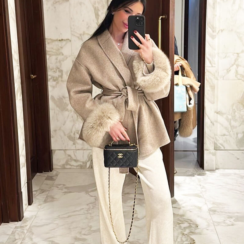Belted Wool-Blend Wrap Coat with Faux Fur Cuffs