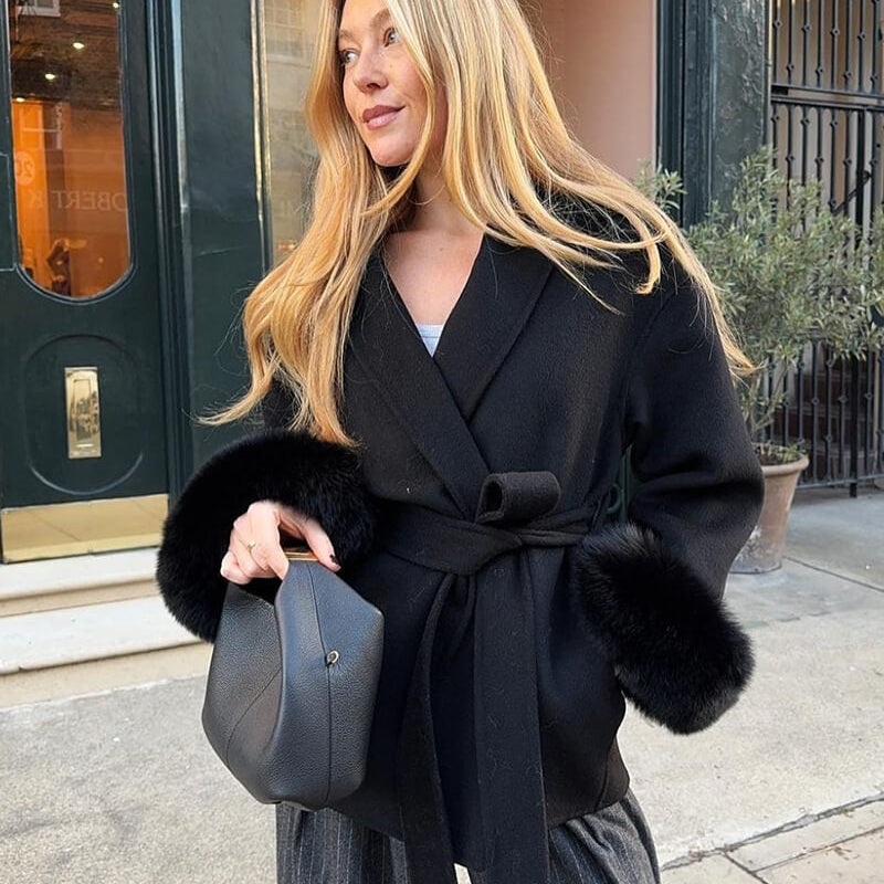 Belted Wool-Blend Wrap Coat with Faux Fur Cuffs