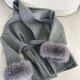 Belted Wool-Blend Wrap Coat with Faux Fur Cuffs