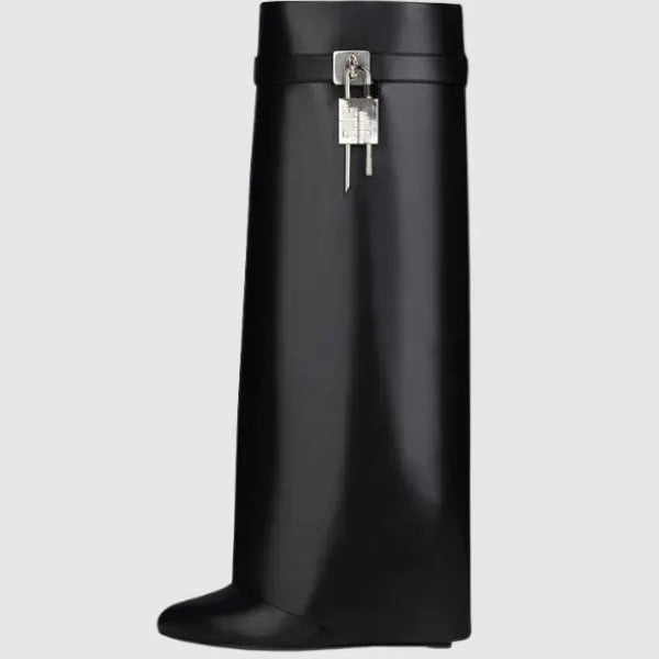 Sculptural Black Wedge Knee-High Boots in Glossy Finish