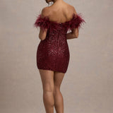 Off-Shoulder Sequin Mini Dress with Feather Trim