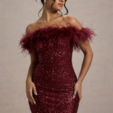 Off-Shoulder Sequin Mini Dress with Feather Trim
