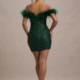 Off-Shoulder Sequin Mini Dress with Feather Trim