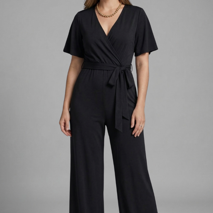 Women Jumpsuit with Wrap Front and Tie Waist