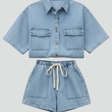 Women’s Denim Set with Short-Sleeve Shirt Jacket and Shorts