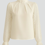 Women's Long Sleeve Top with Pleated Neckline and Textured Sleeves