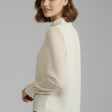 Women's Long Sleeve Top with Pleated Neckline and Textured Sleeves